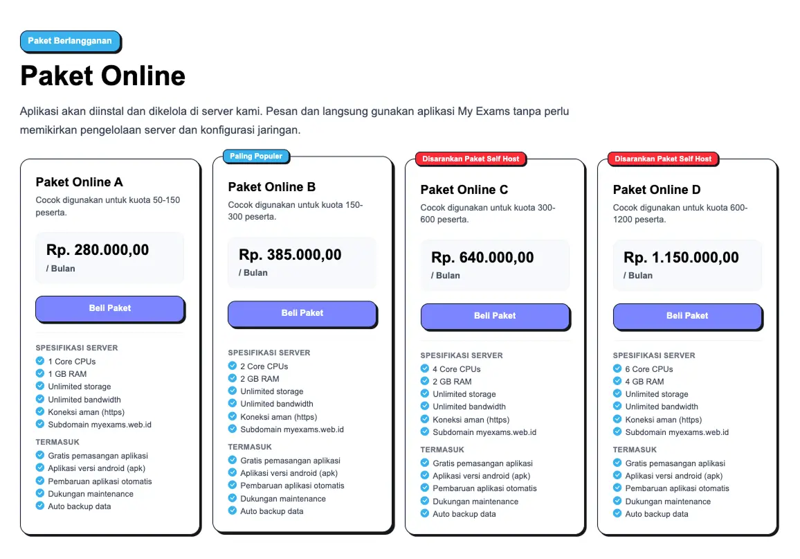 Pratinjau perbandingan paket online My Exams CBT